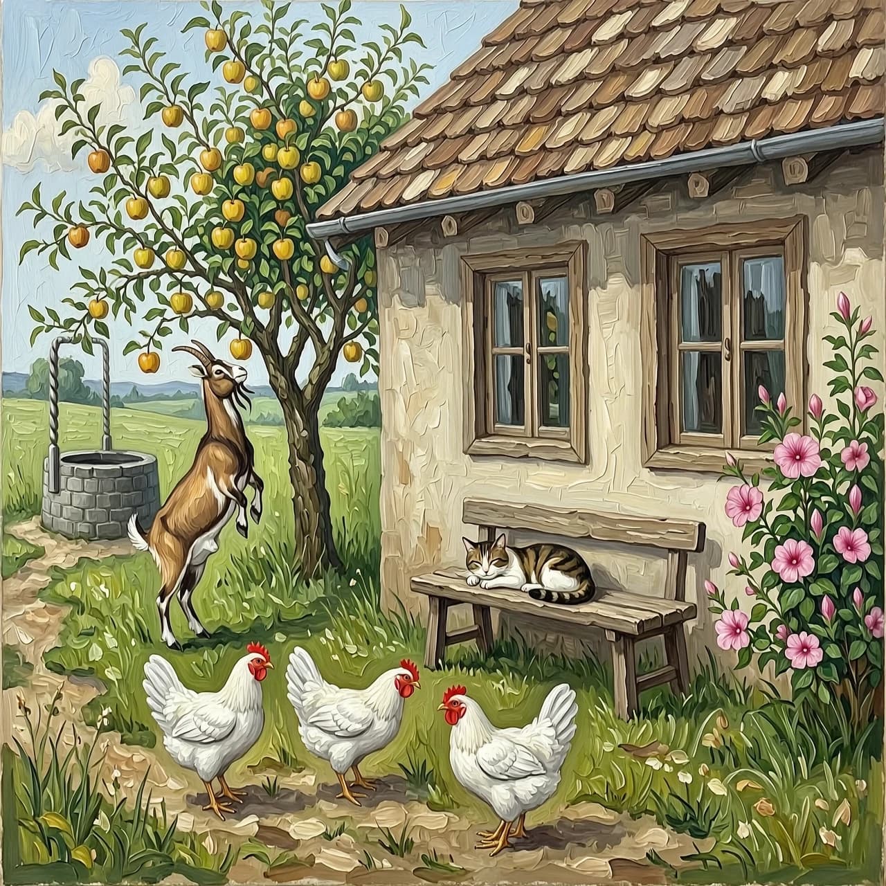 Рисунок маслом. Дом деревенский с двумя окнами. На заднем плане яблоня, коза стоит на задних лапах пытается достать верхнее яблоко. За яблоней колодец Перед окнами скамья без спинки, на ней спит кот. На углу дома цветет мальва. Гуляют  три белые курицы