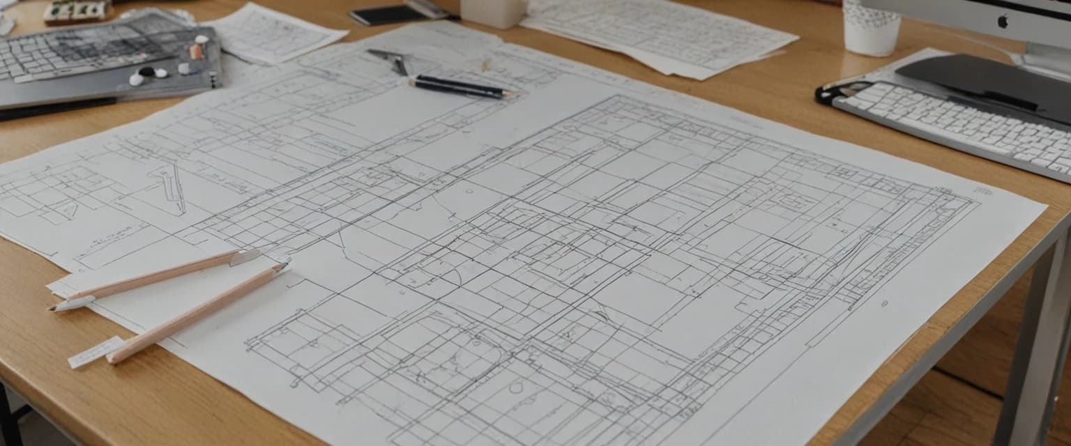 Photorealistic, frontal view of a clothing pattern design bureau. Foreground: a matte white desk with neatly arranged paper sewing patterns, transparent plastic drafting rulers (lecalas), technical flat sketches, graphite pencils, and a metal ruler. In the left corner of the desk, a modern COMPUTER with a large monitor showing CAD software displaying a 3D flattened pattern piece for a coat. Background (heavily blurred with bokeh): a metal clothing rack holding finished garment samples (a classic coat and two dresses), as well as finished paper patterns hanging on hangers. Lighting: soft directional light from the top-left (daylight, 5000K) highlighting the texture of the paper and plastic, with no glare on the monitor screen. Shallow depth of field, focus on the table with patterns and the COMPUTER.