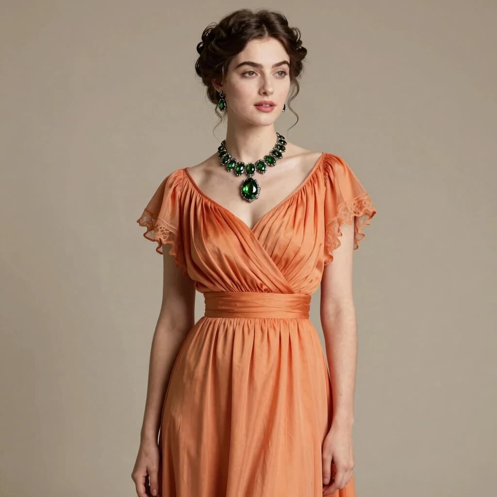 A beautiful woman in a sunset-colored dress, fashionable in 1861, with augite jewelry. She is positioned some distance from the camera, not looking at it. The background is clear, without blur. Style: fashion shoot