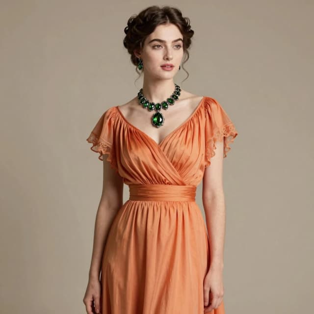 A beautiful woman in a sunset-colored dress, fashionable in 1861, with augite jewelry. She is positioned some distance from the camera, not looking at it. The background is clear, without blur. Style: fashion shoot
