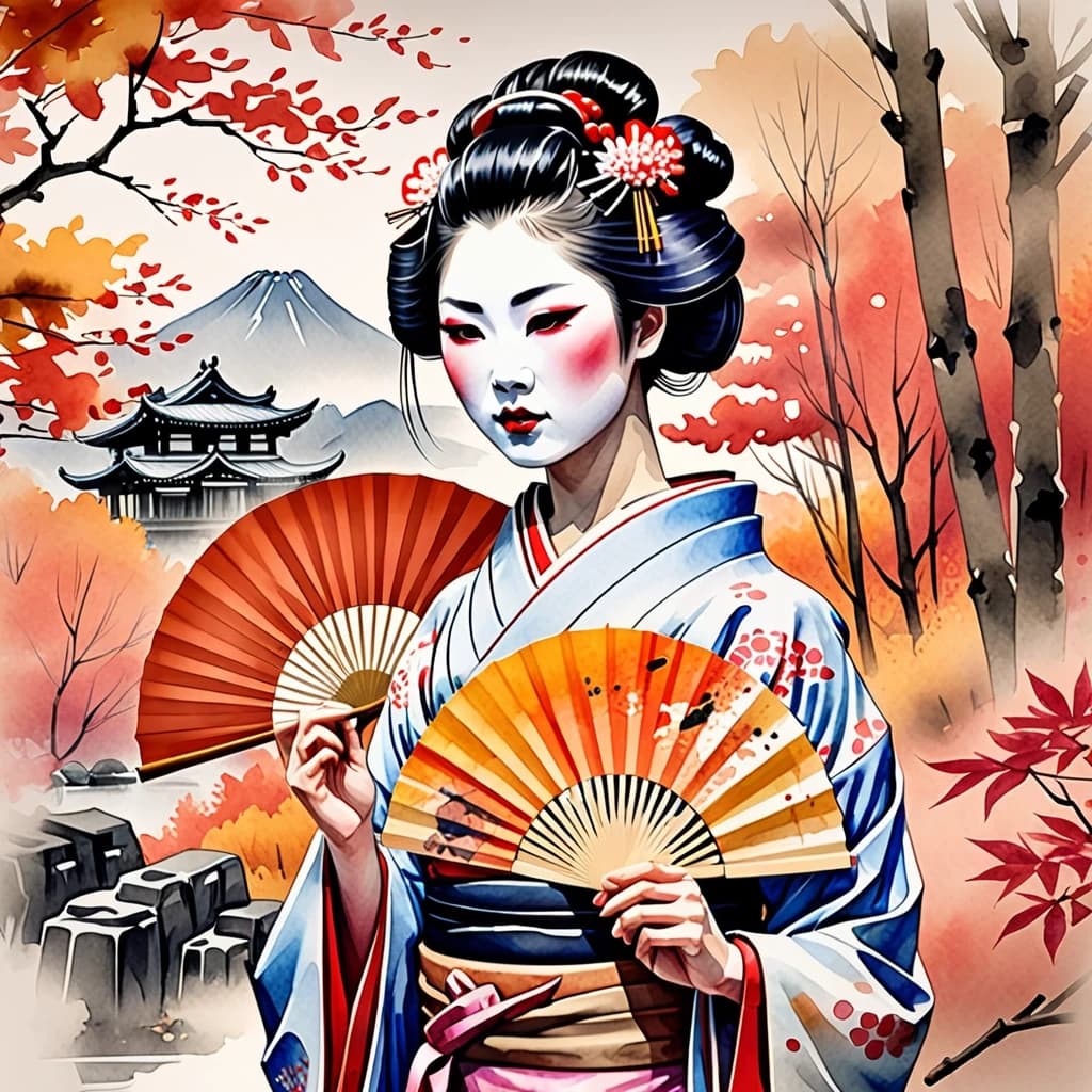 A masterpiece. Creating an image. The style is watercolor painting. Delicate watercolor on raw, on paper.((Against the background of an autumn landscape, a beautiful geisha with a fan:1.6)). High resolution. High detail and clear texture. Intense close-up. High quality. Increased attention to small details. The aspect ratio is 3:4. The artists are Levitan, Shishkin.