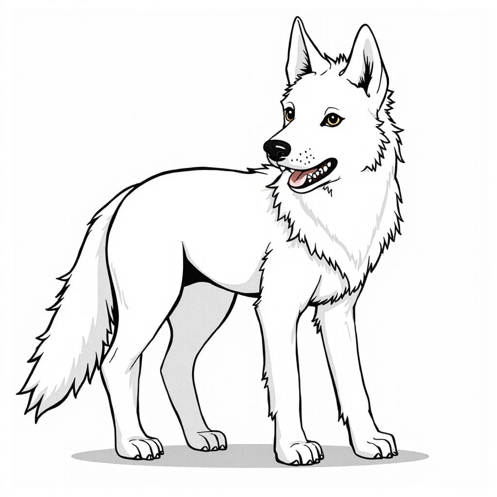 линейный рисунок, контур, раскраска, чёрно-белый,
мультяшный стиль, простые формы, волк, без фона