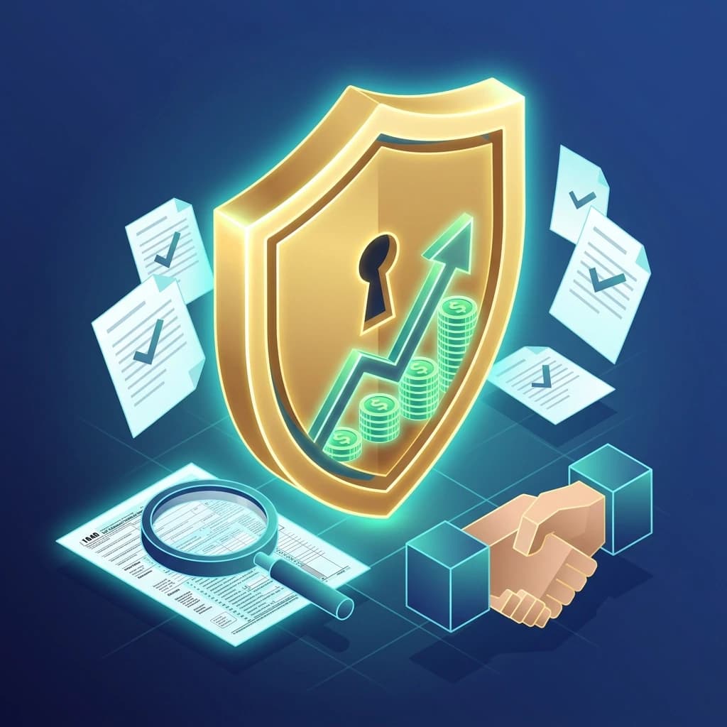 Isometric 3D illustration of tax optimization concept. Central element: a large golden shield with a keyhole, inside the shield is an upward trending arrow made of glowing green coins. Around it: floating papers with checkmarks, a magnifying glass over a tax form, and a handshake gesture formed by two geometric blocks. Background: dark blue gradient with subtle grid lines. Soft neon cyan and gold highlights. Clean, modern, vector-like, corporate style. --ar 16:9 --v 6.0