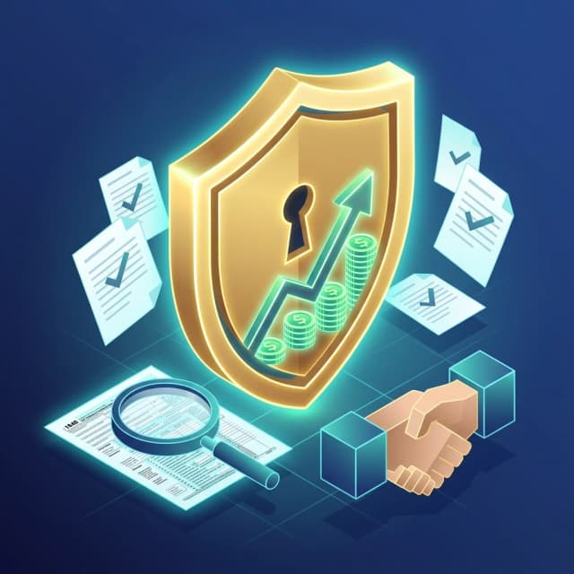 Isometric 3D illustration of tax optimization concept. Central element: a large golden shield with a keyhole, inside the shield is an upward trending arrow made of glowing green coins. Around it: floating papers with checkmarks, a magnifying glass over a tax form, and a handshake gesture formed by two geometric blocks. Background: dark blue gradient with subtle grid lines. Soft neon cyan and gold highlights. Clean, modern, vector-like, corporate style. --ar 16:9 --v 6.0