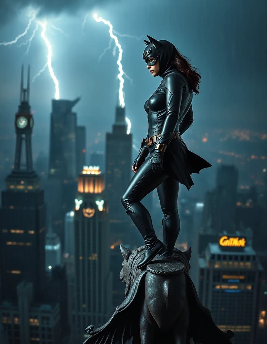 A breathtaking cinematic portrait of Selina Kyle as Catwoman. She stands gracefully on a gargoyle atop a high skyscraper looking down at a dark, rain-slicked city at night. Wearing a sleek, fitted dark leather suit with a cowl and goggles. Reflections of neon lights in the rain, dramatic lightning in the moody background, high contrast, masterpiece aesthetic.