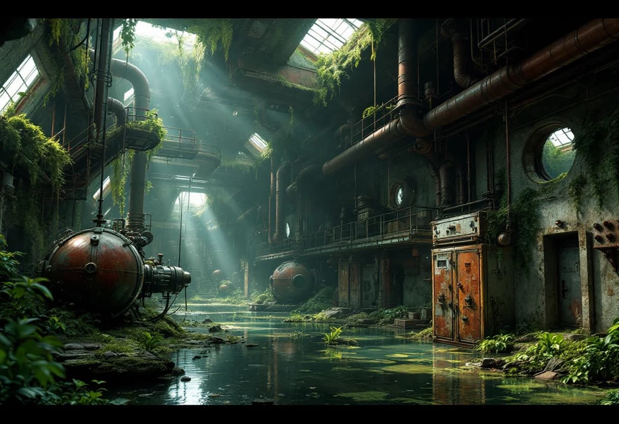Cinematic wide shot of a decaying, abandoned military bunker hall, partially submerged in murky, stagnant water reflecting the overhead ruins. The atmosphere is heavy with post-apocalyptic melancholy and overgrown nature. Lush emerald moss, thick hanging vines, and long seaweed drape over massive, rusted industrial machinery and giant cylindrical steel capsules. Complex networks of corroded pipes with intricate valves, heavy-duty engines, tangled thick cables, and exposed ventilation systems weave through the space. Dilapidated steel galleries and catwalks overlook the flooded floor. Jagged holes in the reinforced concrete walls reveal distant, dim light, while rusted steel doors and heavy lockers stand partially swallowed by vegetation. The scene is cluttered with debris, scattered junk, and decaying technological relics. Dramatic chiaroscuro lighting with volumetric sunbeams piercing through ceiling cracks, highlighting floating dust motes and the wet, glistening textures of rust and foliage. Hyper-realistic digital art style, highly detailed textures, 8k resolution, industrial decay aesthetic, moody and atmospheric.