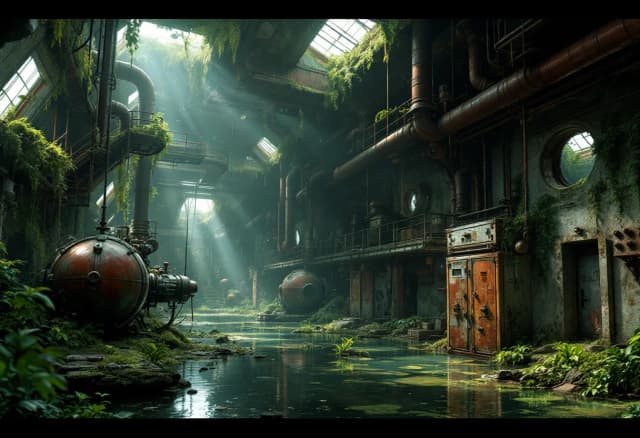 Cinematic wide shot of a decaying, abandoned military bunker hall, partially submerged in murky, stagnant water reflecting the overhead ruins. The atmosphere is heavy with post-apocalyptic melancholy and overgrown nature. Lush emerald moss, thick hanging vines, and long seaweed drape over massive, rusted industrial machinery and giant cylindrical steel capsules. Complex networks of corroded pipes with intricate valves, heavy-duty engines, tangled thick cables, and exposed ventilation systems weave through the space. Dilapidated steel galleries and catwalks overlook the flooded floor. Jagged holes in the reinforced concrete walls reveal distant, dim light, while rusted steel doors and heavy lockers stand partially swallowed by vegetation. The scene is cluttered with debris, scattered junk, and decaying technological relics. Dramatic chiaroscuro lighting with volumetric sunbeams piercing through ceiling cracks, highlighting floating dust motes and the wet, glistening textures of rust and foliage. Hyper-realistic digital art style, highly detailed textures, 8k resolution, industrial decay aesthetic, moody and atmospheric.