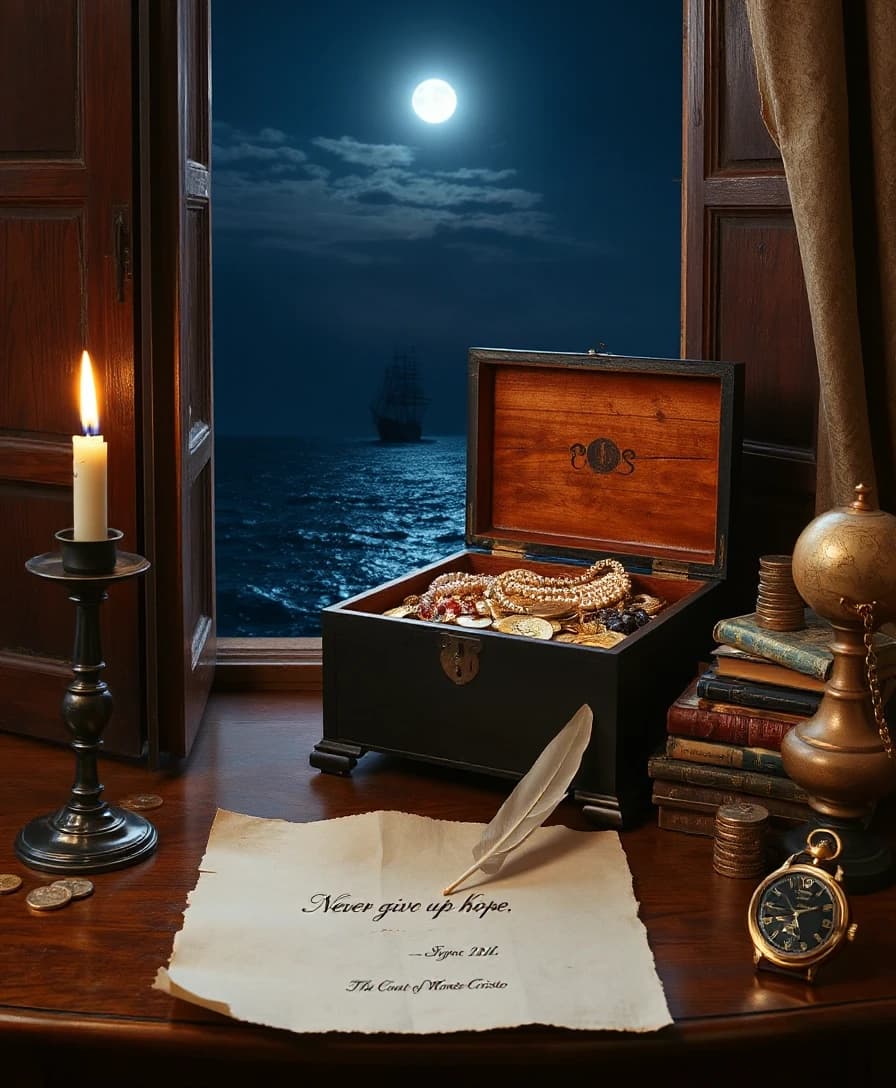 The window is open, and behind it is the night sea with the reflection of the moon, and in the distance the silhouette of a frigate. In front of the window is an antique 18th century mahogany table.on the table on the left is a casket with the lid open backwards. The casket contains gold coins, jewelry, pearl necklaces, and precious stones. On the left side of the casket is a candlestick with a burning candle and an open locket.gold coins. in front of the casket is a sheet of paper with uneven curved edges.It says Never give up hope. Signed below is the Count of Monte Cristo. to the right, an inkwell with a goose quill. Next to it, an old globe, stacks of coins, a stack of books, and a gold watch with a chain