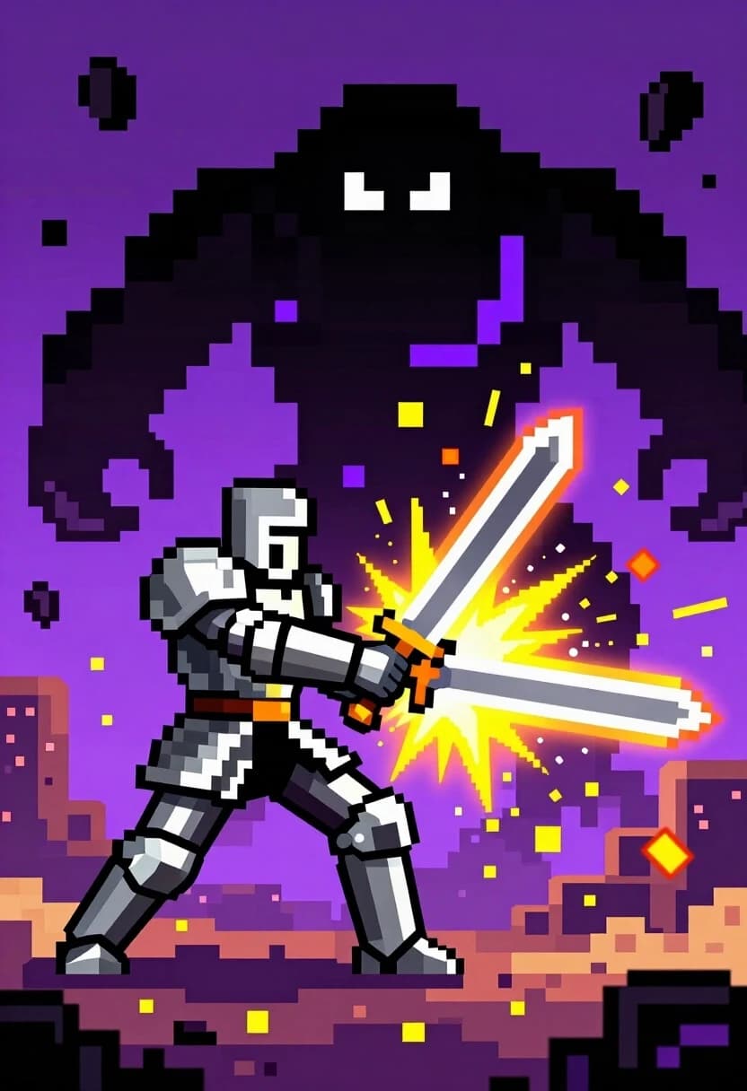 An epic pixel art battle scene between a heroic knight in silver blocky armor and a colossal glitch-monster made of distorted black and purple pixels. The environment is a crumbling digital wasteland with floating fragments of data. Dramatic sparks of yellow and orange pixels flying from the clash of swords. Dynamic perspective, exaggerated action poses, retro 16-bit aesthetic but with modern lighting and particle effects. Highly detailed pixel work, vibrant energy blasts, cinematic composition, sharp focus.