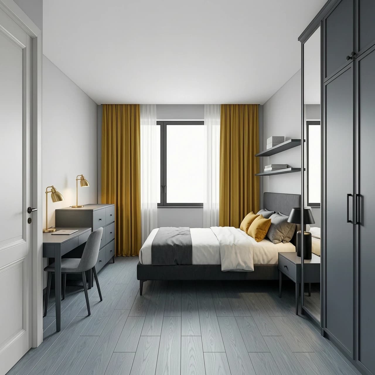 Interior design of a rectangular 11 sqm bedroom, view from the entrance door. Room size 3.9m width x 3.0m depth, ceiling height 2.7m. Upon entering, on the left is a small workspace with a graphite #474A52 desk and a grey chair in the corner. On the right is an L-shaped built-in wardrobe with graphite #474A52 doors and mirror panels in the corner. On the far wall is a large window with mustard yellow linen curtains and sheer white curtains. Against the far wall, centered under the window, is a double bed 160x200cm with a graphite #474A52 upholstered headboard, white and grey bedding, two mustard yellow accent pillows and two grey pillows. On the left wall opposite the bed is a low graphite #474A52 dresser with a brass table lamp. On the right side of the bed is a small graphite #474A52 bedside table with a black matte lamp, and wall shelves above. Walls #D0D0D0 light silver-grey, floor #9DA1AA medium cold grey oak wood texture, cool grey, matte, minimal grain, white ceiling. Black matte hardware, brass reading light, warm 3000K lighting. Photorealistic, architectural visualization, soft daylight, clean minimal styling, no clutter, 8k, ultra detailed --ar 16:9 --style raw