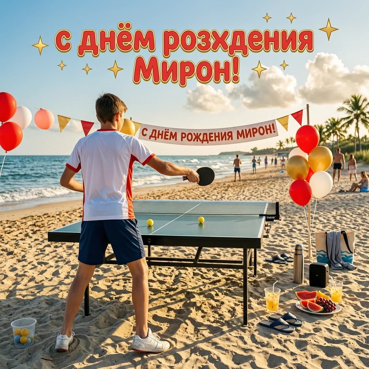 Подросток играет в настольный теннис на морском побережье. Стоит спиной Общий фон праздничный. Надпись  «с днем рождения Мирон» Округлыми буквами. Тематика реалистичная
