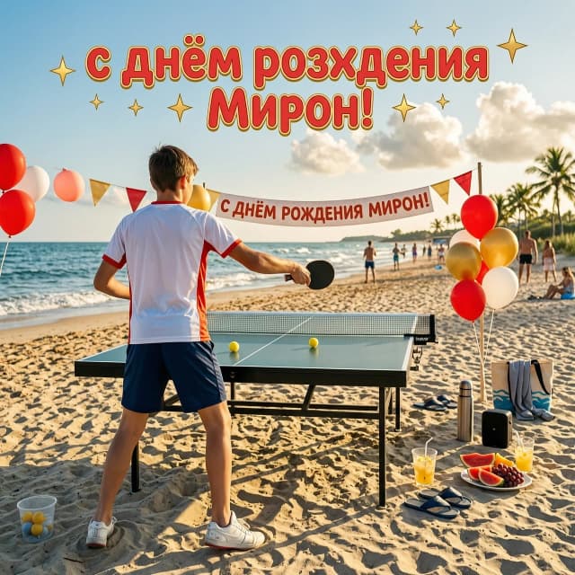 Подросток играет в настольный теннис на морском побережье. Стоит спиной Общий фон праздничный. Надпись  «с днем рождения Мирон» Округлыми буквами. Тематика реалистичная