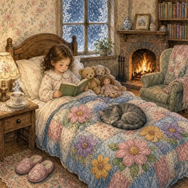 Draw a cozy panoramic illustration in the Tracy Hall style: a girl in pajamas with a lace collar is sitting on a wooden bed, holding a book, covered with a patchwork quilt featuring large flowers (pink, purple, yellow on a blue background) and polka‑dot fabric. Outside the window — a nighttime snowstorm; light frost patterns are on the glass. The room has warm, subdued lighting: on the bedside table at the head of the bed stands a porcelain cup with steaming coffee. A fireplace is burning in the room. By the fireplace, there’s a soft armchair with a blanket draped over the back. On the bed next to the girl, there are many soft toys and a doll. A cat is sleeping. Next to the bed, there’s a pair of soft slippers. The walls have bright wallpaper and bookshelves with books. The style is a watercolor illustration with soft hatching, a pastel color palette, and high detail in the textile and wood elements.
