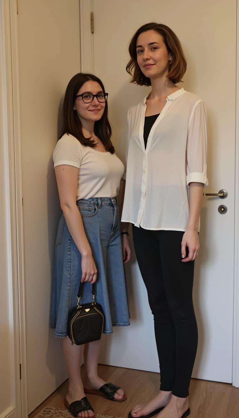 A vertical shot taken with a mobile phone camera: two friends are standing by the door in an ordinary Moscow apartment. Both of them are considered tall, and that’s the whole point — a tall woman with someone much taller.

On the left is Oksana, 32 years old, 190 cm tall: a relaxed pose, a slight smile, as if she’s capturing the moment for memory. She’s wearing a light top, a denim skirt, and open‑toed shoes; she has a handbag in her hand and glasses on her nose. Her gaze is directed at the camera, and her expression conveys a hint of surprised admiration. she is aware of the contrast and feels her growth in a new way for the first time.

On the right is Irina, 225 cm: . She's wearing a light blouse, leggings, flip-flops. Her gigantic height is immediately striking: she almost rests her head on the top edge of the frame, she is much taller than the door, and her shoulders occupy a significant part of the space.

The interior is typical for a Moscow apartment: a closet next to the door, a carpet with a discreet pattern on the floor; . Lighting — daylight from the window: ,

The main thing is to clearly show the difference in height: Irina is 35 cm taller than Oksana, and this isn’t a special effect — emphasize the difference in their heights.