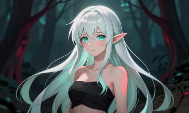 masterpiece, high-quality fantasy character illustration, semi-realistic 2.5D anime digital painting, the anime's stylized facial proportions combined with exquisite semi-realistic rendering, elegant adult elf woman, slender female figure, thin pointed elf ears, large expressive turquoise eyes with detailed irises and subtle reflections, slightly inflated eyes, small thin nose, small soft lips, exquisite youthful features, calm slightly melancholic expression, beautiful body, dressed in a black top and short shorts

very pale mint white hair, long flowing layered hair, numerous distinct silky strands of hair, soft feathery bangs framing the face, several elegant upward tufts of hair, long loose side locks and flowing strands, hair gently capturing the surrounding light,

smooth stylized skin with a fine natural texture, soft matte skin, delicate blush around the cheeks and nose, carefully dyed facial shadows, subtle subsurface skin radiance, subtle transitions between light and shadow,

pure elegant anime lines, extremely controlled contours, soft ceiling shading seamlessly inscribed in painterly rendering, 2.5D appearance, polished digital painting, simplified but complex anatomy, graceful elongated neck, elegant shoulders, natural female anatomy, subtle definition of waist,

cinematic dark fantasy atmosphere, mysterious deep night forest, abstract silhouettes of thin tree branches in the background, dark blue-green environment, muted turquoise palette, thin burgundy and crimson accents, soft atmospheric haze,

soft diffused moonlight, cool ambient lighting, gentle rim light around pale hair, thin reflected chira light on skin, gentle warm red reflected light in shadows, cinematic contrast without harsh blacks,

very detailed face, beautiful expressive eyes, detailed hair rendering, clean shapes, complex color harmony, soft gradients, atmospheric depth, professional illustration of fantasy game characters, polished conceptual art, visually cohesive composition, understated elegance, lack of photorealism