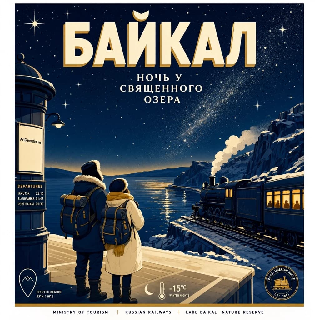 Готовый рекламный туристический постер, вертикальный 2:3, до 2K, стиль современного шелкографического плаката в духе винтажных ж/д афиш, не мокап. Сцена: ночной Байкал, старый поезд идёт по берегу вдоль скал, тёплые янтарные окна вагонов, пара с рюкзаками на пустом перроне смотрит вверх, огромное звёздное небо с Млечным Путём, лёгкое сияние у горизонта, отражение звёзд в воде. Палитра: глубокий индиго, полночный синий, тёплое золото, кремовый. Композиция с крупной чистой областью неба под текст. Чёткая плакатная типографика кириллицей: сверху «БАЙКАЛ», снизу «НОЧЬ У СВЯЩЕННОГО ОЗЕРА». На афишной тумбе сбоку в кадре — маленький фирменный плакат с надписью «ArtGeneration.me» как часть уличной сцены. Премиум-качество печати, атмосферно, резкие края, сбалансированные поля.