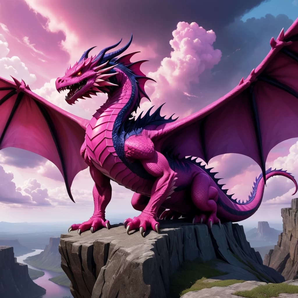 A pink intimidating dragon sitting on the edge of a cliff, with huge wings. Create a background: pink, purple, violet, and blue clouds.
A red and black flame comes out of its mouth.