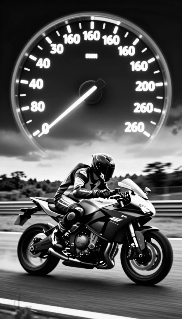A dramatic, black and white, high-speed scene of a motorcycle rider on a track, with a large, glowing speedometer overlay in the upper portion of the image. The speedometer needle is pointing past 160. The motorcycle is sleek and modern, with the rider wearing full racing leathers and a helmet. The background shows a blurred landscape of trees and a cloudy sky, emphasizing the sense of motion and speed. The overall aesthetic is gritty, dynamic, and captures the thrill of extreme speed.