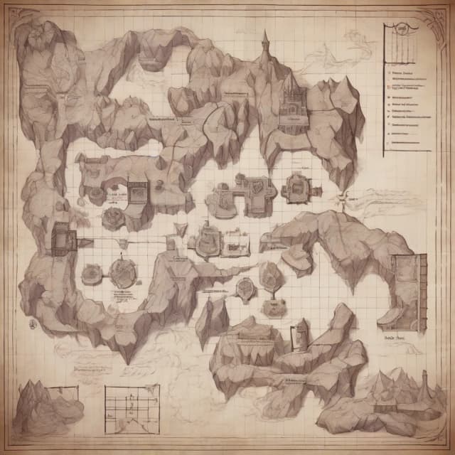 prompt: Dungeons and Dragons Hogwarts map, hand drawn map, scanned from book, the dragons cave adventure, black grid paper, fantasy cave map, module map for dungeon master, mega cave map, cave interior map, map of cave, room numbers