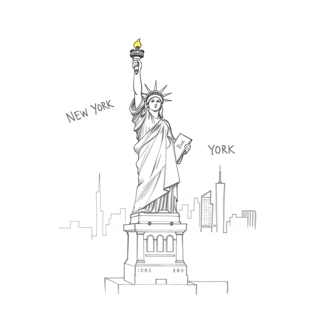 Statue of Liberty with New York City in the background: a simple pencil sketch, only lines and contours, white background, like in a children's book, monochrome