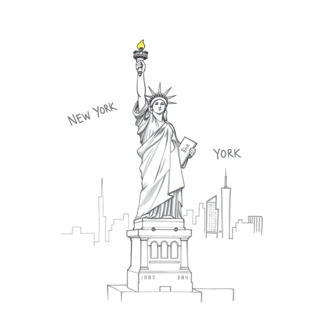 Statue of Liberty with New York City in the background: a simple pencil sketch, only lines and contours, white background, like in a children's book, monochrome