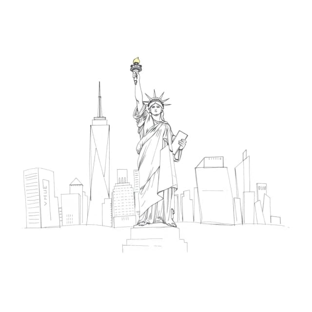 Statue of Liberty with New York City in the background: a simple pencil sketch, only lines and contours, white background, like in a children's book, monochrome