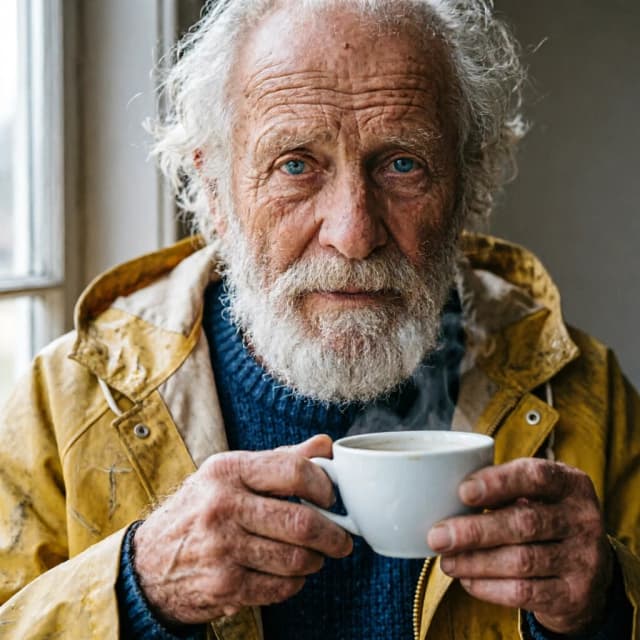 A professional cinematic portrait of a rugged elderly fisherman with a thick white beard, wearing a worn yellow raincoat. He has deep wrinkles around his bright blue eyes. He is holding a steaming cup of coffee with both hands. Extreme close-up, shot on Hasselblad, 85mm lens, f/1.8, natural window lighting, highly detailed skin pores, 8k, photorealistic.
