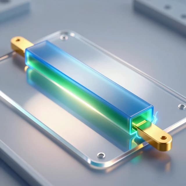 A hyper‑realistic scientific 3D illustration of a single organic field‑effect transistor with a bottom gate and top contacts of the following structure (from top to bottom): a flexible transparent PET substrate, a continuous aluminum gate, a thin translucent blue layer of aluminum oxide dielectric, a thin green single‑crystal organic semiconductor, two gold contacts for the source (on the left) and the drain (on the right), with a distance between them that is 10 times greater than the thickness of the semiconductor layer. The device emits a slight internal glow, indicating the flow of current through the channel. Macro photography, extreme close‑up, shallow depth of field with focus on the active layers. Cold, directional studio lighting from above combined with soft backlighting from below through a substrate to accentuate the gate‑dielectric interface. Reflections with ray tracing, caustics, and electric field aura effects around the contacts. A clean, high‑tech atmosphere, a sterile environment, no contact pads. 8K resolution, complex microscopic details, photorealistic textures.