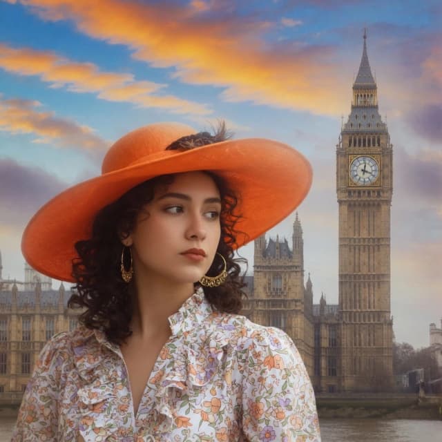 The image is a portrait of a young woman wearing a large orange hat with a wide brim. She is standing in front of a cityscape with Big Ben and the Houses of Parliament in the background. The woman has dark hair styled in loose curls and is wearing large gold earrings and a white blouse with a floral pattern. She has a serious expression on her face and is looking off to the side. The sky is blue with orange and yellow clouds. The overall mood of the image is dreamy and ethereal.