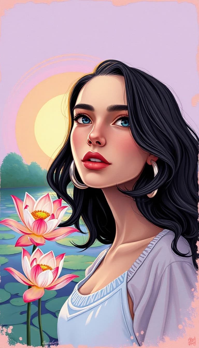 A masterpiece,  in the style of the 1980s, with bold lines, dynamic strokes and rich textures, on background with a touch of nostalgia, perhaps with subtle drawings inspired by cellulose and vintage, worn textures similar to paper,oil painting, young woman  of the Caucasian type with bright, expressive facial expressions and expressive facial features. The face is rounded, with soft contours and noticeable, but not sharp, cheekbones; the shape gives the face a benevolent appearance, with a medium-height forehead that is smooth and without deep wrinkles; the hairline is smooth and framed by light strands. The eyebrows are neat and arched, with a medium width, emphasizing the emotional nature of the gaze. The eyes are large and almond-shaped, with an open and lively expression. straight nose, with a thin back and a neat tip; medium-full lips, curved in a wide smile; the outline is clear, the smile is open. fair skin, with an even tone and a natural blush; dark brown hair, wavy, and styled loosely; some of the strands frame the face, while others are gathered in a light, semi-collected hairstyle.standing by a lily pond, soft sunrise lighting, impressionist oil painting style, visible delicate brushstrokes, luminous water reflections, misty atmospheric depth, Claude Monet inspired color palette of lavender and pale green, painterly and dreamy
