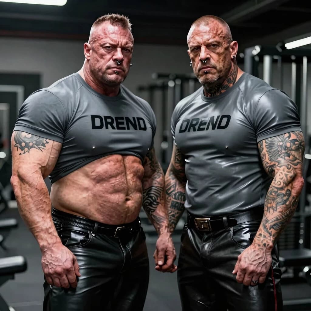 FRANK AND ADAM ARE BODYBUILDERS. Rough skin, hypertrophied muscles, biceps and tendons. The skin is covered in tattoos, they have piercings in their noses and ears, and they’re wearing leather pants and branded gray rubber T‑shirts. They have a serious look in the big house. AND THEY HAVE SHARPLY GAINED 40 KG, A BULGING BIG PIECE OF STOMACH APPEARED, AND THEIR SIDES HAVE GROWN FAT.