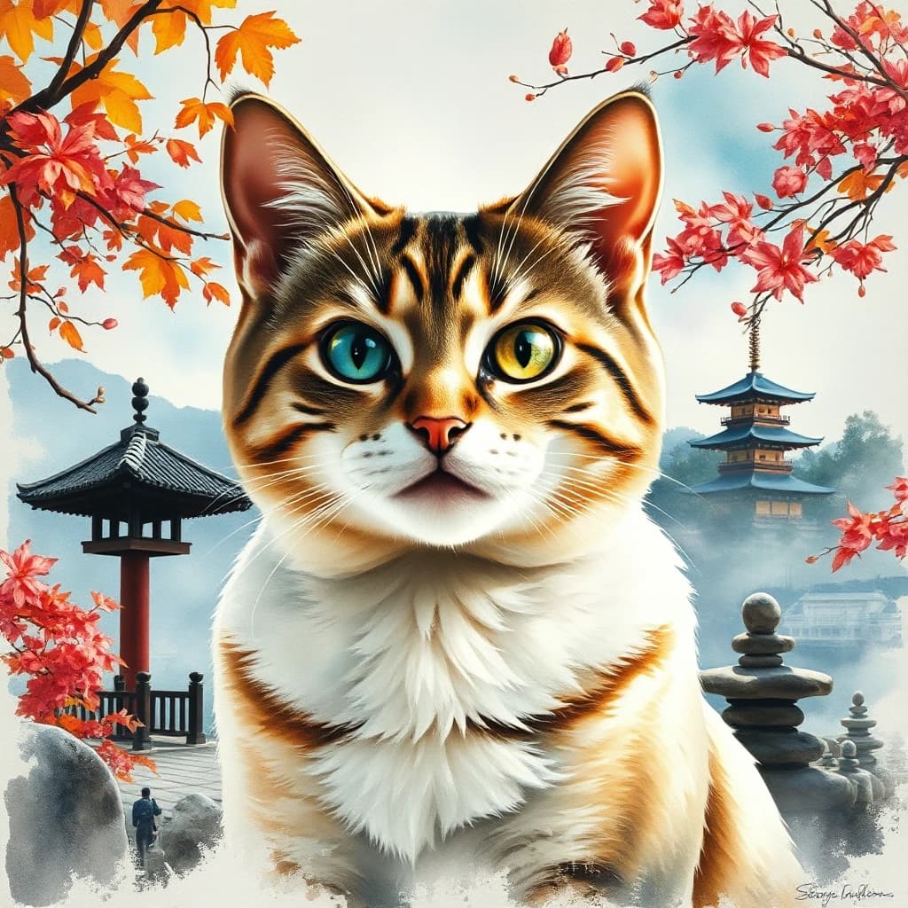 A masterpiece. The painting is done in watercolors. (Double exposure:1.8). (Portrait of a fabulously beautiful cat:1.8). In the background, there are views of Japan at that time: a pagoda, a garden of stones. The whole painting is united by an old autumn city landscape. High quality. High resolution. Increased attention to small details, clear contours. Intense close-up. Bold strokes, drips, spots. Watercolor style. Artist: Levitan, Sergey Andriaka.