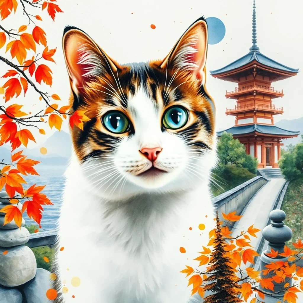 A masterpiece. The painting is done in watercolors. (Double exposure:1.8). (Portrait of a fabulously beautiful cat:1.8). In the background, there are views of Japan at that time: a pagoda, a garden of stones. The whole painting is united by an old autumn city landscape. High quality. High resolution. Increased attention to small details, clear contours. Intense close-up. Bold strokes, drips, spots. Watercolor style. Artist: Levitan, Sergey Andriaka.