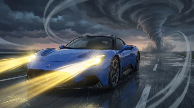 Maserati MC20, едет по дороге, эпичный ракурс, горящие фары, на фоне торнадо, шедевр, крупный план, стиль аниме с реалистичными деталями
