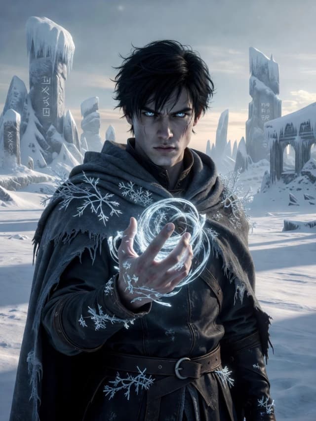 Character portrait of young man, black hair, pale skin, icy blue eyes, wearing dark leather tunic and traveler's cloak, frost crystals forming on his shoulders and hands, one hand raised with swirling ice magic, expression is determined yet haunted, background is a frozen wasteland with ancient ruins, cinematic lighting, cold color palette (blue, white, silver), highly detailed, fantasy art, D&D style, epic mood, 8k resolution, sharp focus, concept art.