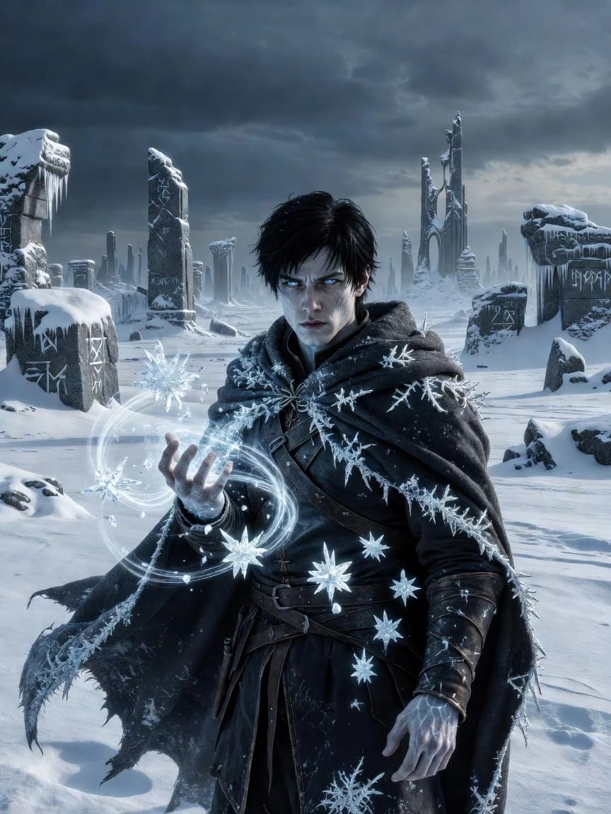 Character portrait of young man, black hair, pale skin, icy blue eyes, wearing dark leather tunic and traveler's cloak, frost crystals forming on his shoulders and hands, one hand raised with swirling ice magic, expression is determined yet haunted, background is a frozen wasteland with ancient ruins, cinematic lighting, cold color palette (blue, white, silver), highly detailed, fantasy art, D&D style, epic mood, 8k resolution, sharp focus, concept art.