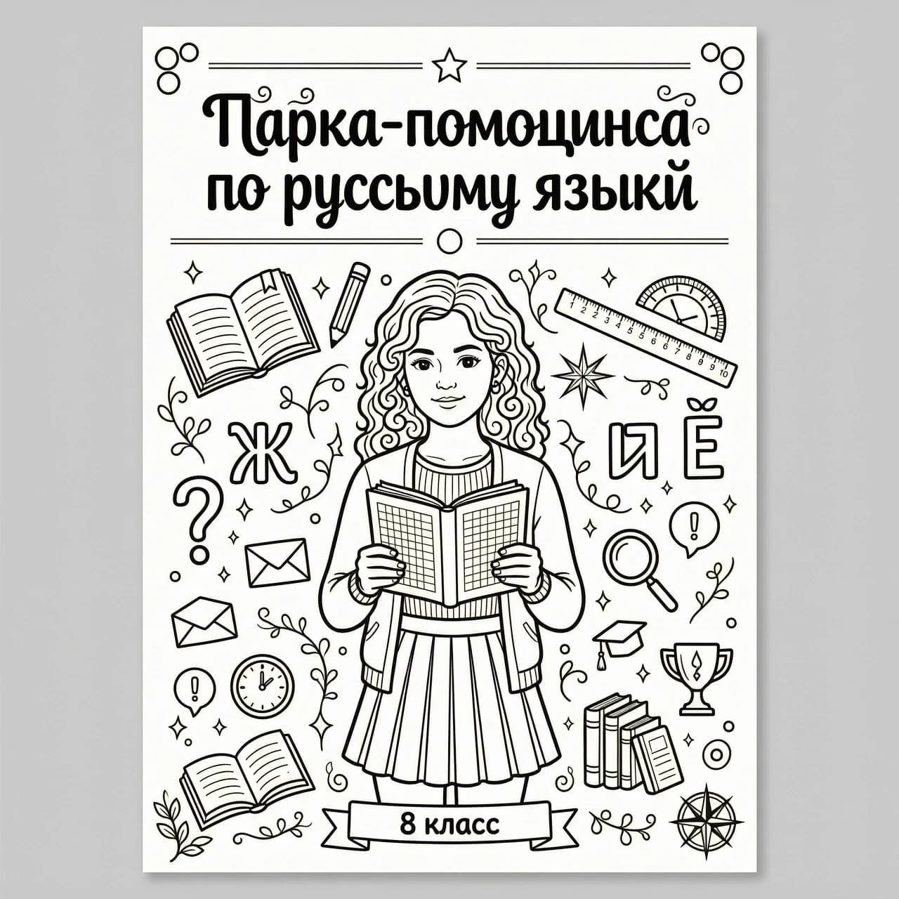 A4 folder cover, black and white line art, coloring page style,
outline only, no shading, no color fill.

Big hand-lettered title at the top: "Папка-помощница по русскому языку"
in neat rounded letters with light decorative curls.

Below in the center: a teenage girl with curly hair just below shoulder
length, wearing a simple modern outfit, holding a school notebook with
both hands, calm and confident expression.

Around the girl: doodle school icons — book, pencil, ruler, letters
"Ж", "Ъ", "Ё", question mark, asterisk, thin swirls and geometric lines.

Style: teen coloring book for 8th grade, crisp black lines, white
background, balanced symmetrical composition, A4 portrait orientation,
high detail, print quality. Not childish, elegant and modern.