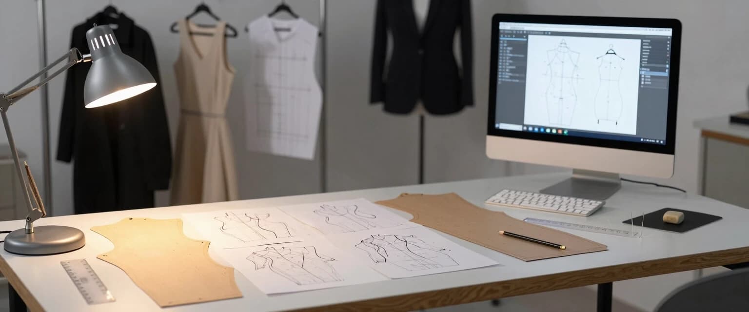 Realistic photo, interior of a clothing pattern design bureau. Front view, medium-wide shot. Foreground: a large white table with a wooden edge. Spread out on the table are paper sewing patterns, cardboard garment templates, technical sketches, graphite pencils, an eraser, and a transparent plastic ruler. All are lit by the warm light of a desk lamp with a metal shade — light coming from the left, casting soft shadows from the patterns. Background left: a metal clothing rack with finished garment samples — a black coat, an elegant knit dress, and several finished patterns hanging on hangers. Background right on the table: a modern computer with a large monitor displaying CAD pattern-making software showing the development of a back piece. The background is slightly blurred (bokeh), but the silhouettes of the clothes and the screen remain recognizable. Overall color palette: white, gray, wood tones, warm yellow light. High detail, photography, 8K.