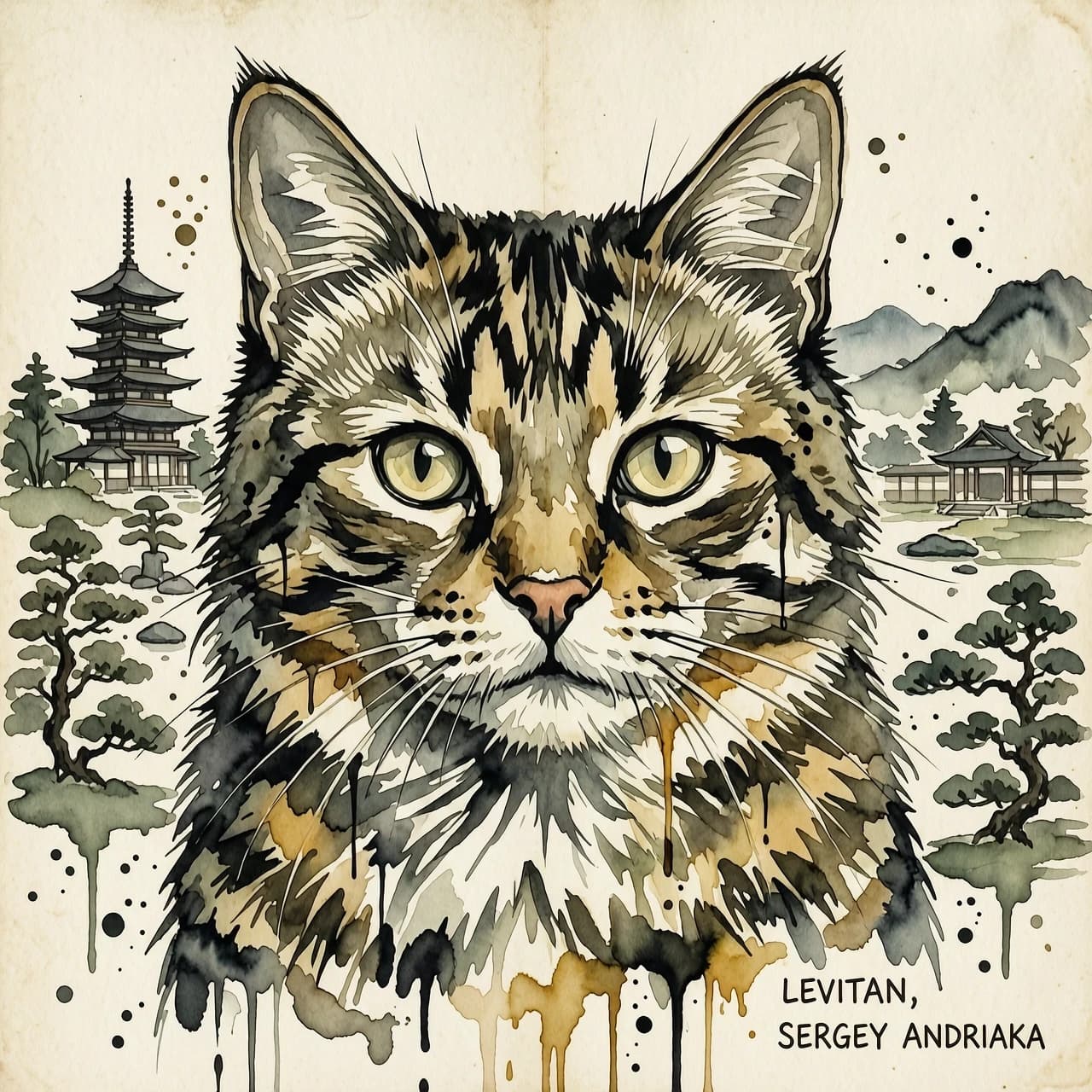 A masterpiece. The painting is done in watercolors. (Double exposure:1.8). (Portrait of a fabulously beautiful cat:1.8). In the background, there are views of Japan at that time: a pagoda, a garden of stones. The whole painting is united by an old autumn city landscape. High quality. High resolution. Increased attention to small details, clear contours. Intense close-up. Bold strokes, drips, spots. Watercolor style. Artist: Levitan, Sergey Andriaka.