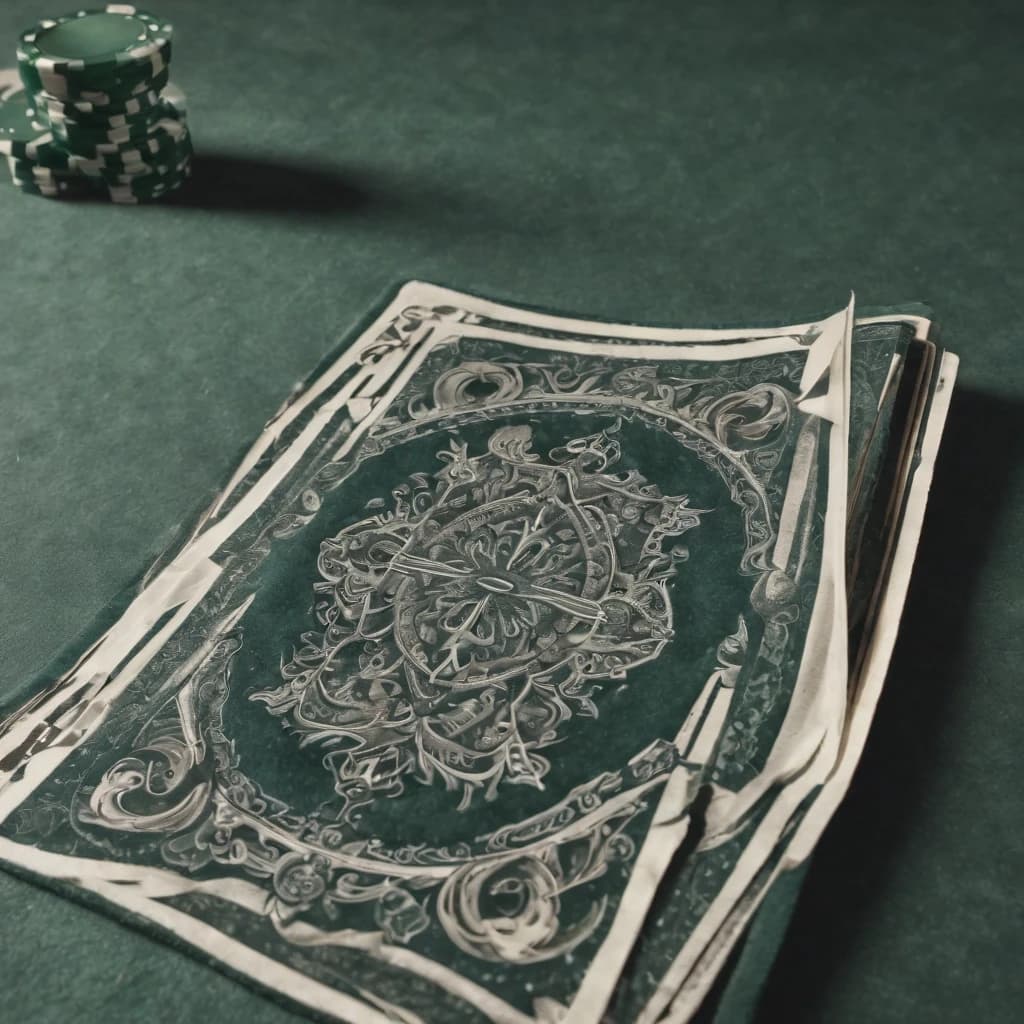 Premium A5 book cover for a detective thriller, vertical orientation. Cinematic realism, hyper-detailed photorealism. 

Composition: A macro close-up shot of a professional poker table covered in deep emerald-green felt. In the center, a single, slightly worn playing card—a "White King" without a suit, featuring a minimalist crown contour and an empty shield. The card is textured, with faint, handwritten script visible through the paper as light bleeds through it. Beside the card lie two or three high-end casino chips and a sharp, thin crack of light cutting through the darkness, like a focused spotlight. 

In the polished, dark reflection of the table's surface, there is a ghostly, sophisticated white masquerade mask and the blurred, bokeh lights of Monte Carlo. In the upper corner, subtly out of focus behind frosted glass, a small, elegant terrarium reveals the faint, non-grotesque silhouette of a scorpion. In the far distance, visible through a window, a magnificent, glowing modern cruise liner glides on the dark sea.

Atmosphere: Cold luxury, intellectual tension, and an impending sense of threat. A light haze hangs in the air with microscopic dust particles dancing in a single dramatic light beam.

Color Palette: Deep obsidian black, rich emerald green, polished gold, subtle blood-burgundy accents, and sharp silver highlights.

Typography (Russian language only):
Top: "АННА АРХАНГЕЛЬСКАЯ"
Королевский флеш:
СТАВКА МАГИСТРА
