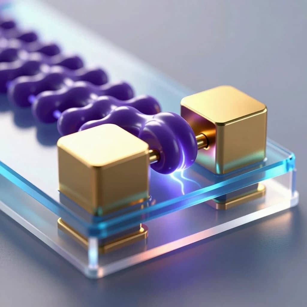 hyper-realistic scientific 3D illustration of a cross-section of an Organic Field-Effect Transistor (OFET) with a bottom-gate and top-contact architecture. Flexible transparent PET substrate at the very bottom. A continuous metallic gate electrode underneath, followed by a thin translucent blue aluminum oxide dielectric layer. Above it lies a narrow channel of deep purple organic semiconductor nanocrystals connecting two massive polished gold source and drain electrodes with a small gap between them. The device emits a subtle internal glow indicating current flow through the channel. Macro photography, extreme close-up, shallow depth of field focusing on the active layers. Cold directional studio lighting from above combined with soft backlighting through the substrate to highlight the gate-dielectric boundary. Ray tracing reflections, caustics, electric field aura effects around the contacts. Clean high-tech atmosphere, sterile environment, no bond pads visible. 8K resolution, intricate microscopic details, photorealistic textures.