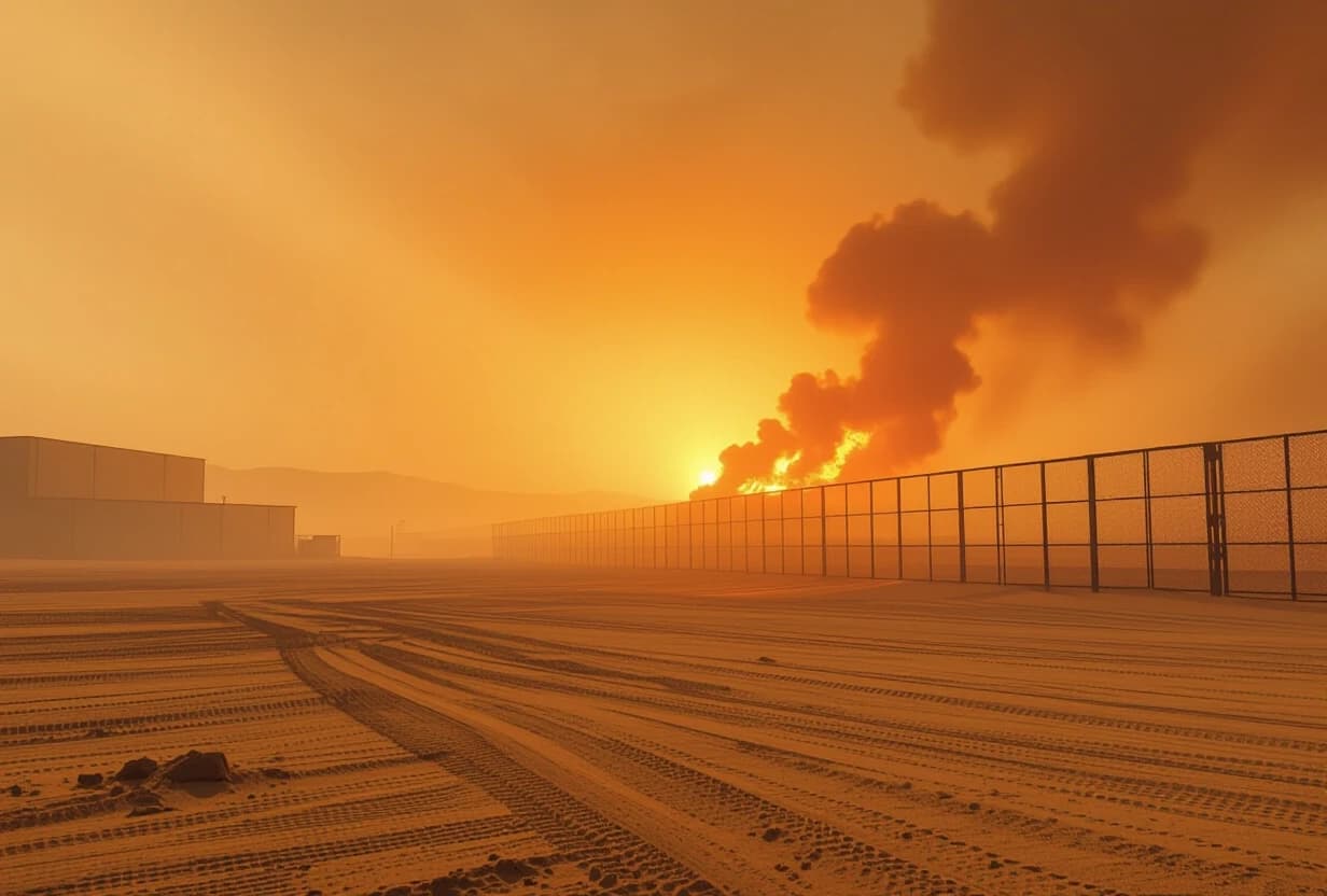 A vast, empty desert plain stretching into the distance under a hazy, dusty sky. In the background, a tall metal grid fence glows against a bright fiery light source behind it, as if lava is flowing just beyond the fence, casting a dramatic orange glow over the horizon. On the left edge of the image, almost lost in the darkness and dust, the vague silhouette of a huge industrial warehouse is barely visible. The scene feels hot, desolate, and slightly menacing. Photorealistic, dramatic lighting, wide cinematic angle.