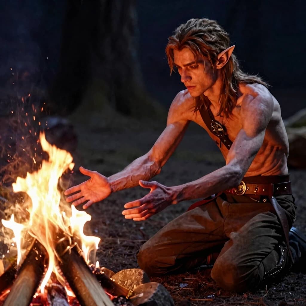 A slender, thin male elf is sitting on the ground, kneeling in front of a small campfire, and he is extending his hands toward it, palms facing the fire, to warm himself.