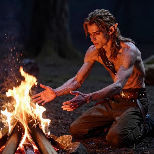 A slender, thin male elf is sitting on the ground, kneeling in front of a small campfire, and he is extending his hands toward it, palms facing the fire, to warm himself.