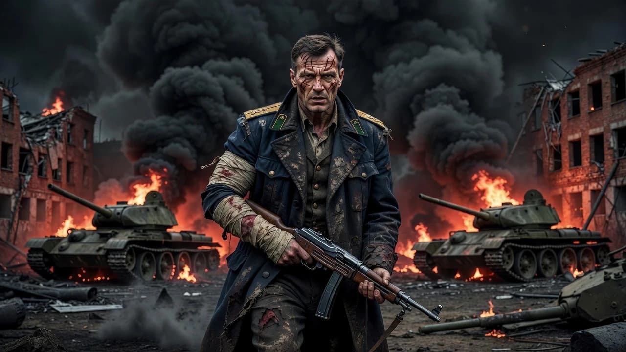 Generale Ivan Voronov, a man in his late 50s, a strong-willed, weathered face with visible battle scars and a resolute, anguished expression, appearing to emerge from a swirling cloud of black smoke on a battlefield at night. His uniform, a classic, Soviet-style officer's dark blue greatcoat with tarnished gold shoulder boards, is heavily soiled and slightly torn. One arm is bandaged but still holding a submachine gun. The background is a chaotic scene of burning tanks and crumbling industrial buildings, illuminated only by the reddish-orange glow of the fires. Cinematic photorealism, high contrast, dramatic light from a single source, high detailed, 8k, sharp focus.