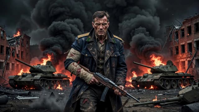 Generale Ivan Voronov, a man in his late 50s, a strong-willed, weathered face with visible battle scars and a resolute, anguished expression, appearing to emerge from a swirling cloud of black smoke on a battlefield at night. His uniform, a classic, Soviet-style officer's dark blue greatcoat with tarnished gold shoulder boards, is heavily soiled and slightly torn. One arm is bandaged but still holding a submachine gun. The background is a chaotic scene of burning tanks and crumbling industrial buildings, illuminated only by the reddish-orange glow of the fires. Cinematic photorealism, high contrast, dramatic light from a single source, high detailed, 8k, sharp focus.