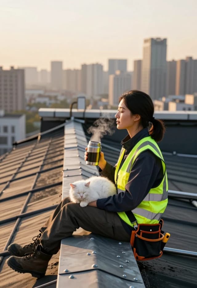 Hyper-realistic cinematic side-profile portrait of a beautiful female roof repair worker in a high-visibility vest and tool belt, sitting on the edge of a skyscraper roof during a break. A fluffy white kitten is curled up in a tight ball on her lap, sleeping peacefully. She is holding a steaming thermos of coffee, a soft, serene expression on her face, looking at the distant city horizon. Wide angle shot emphasizing the extreme height and the scale of the urban landscape below. Soft golden hour lighting, warm sunlight illuminating the kitten's white fur and the worker's face. Deep depth of field, high detail on the roof's bitumen texture, metal rivets, and the steam from the coffee. Atmospheric perspective, 8k, photorealistic, peaceful mood.
