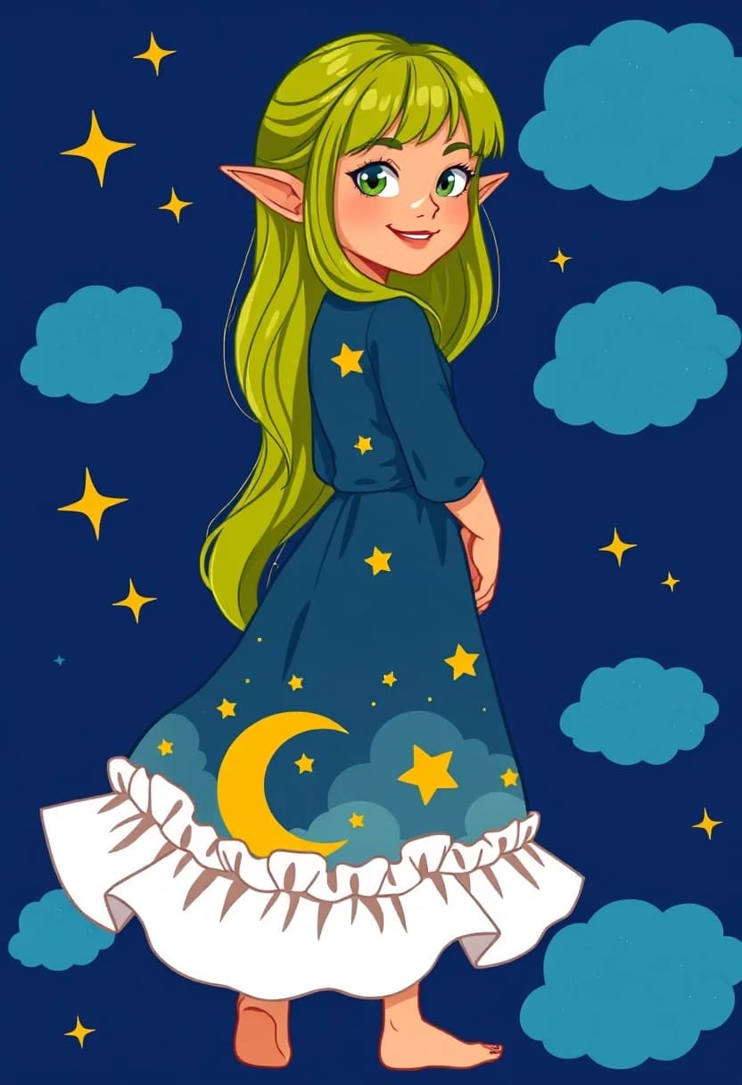 A green-haired elf girl with golden-green gradient long hair and bangs, pointed ears, orange skin, large expressive eyes, smiling while glancing back over her shoulder, left hand extended forward, right hand tucked behind; wearing a deep blue starry-themed dress with white ruffled hem, featuring a golden crescent moon, stars, and clouds printed on the bodice and skirt; background is solid deep blue night sky with scattered yellow and light-blue stars and layered blue clouds, some semi-transparent with tiny star specks visible inside; flat cartoon illustration style with clean outlines and high saturation, no realistic shadows—lighting is uniform and graphic; centered composition in tight medium-full shot, subject fills frame vertically with head slightly above center, feet near bottom edge; square 1:1 aspect ratio, vibrant flat-color rendering, decorative emphasis on costume motifs and dreamy atmosphere; intended for social media visual impact with strong character appeal and fantasy aesthetic.