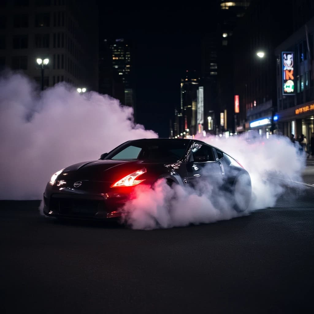 Nissan 370z делает бернаут на главной улице в ночном городе, тормоза раскалились, из колес идет дым