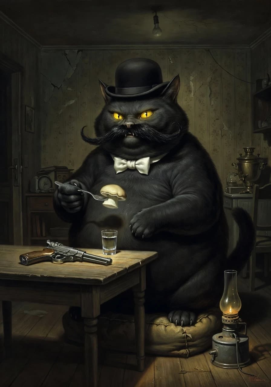 Огромный чёрный кот размером с кабана, жирный, тяжёлый. Стоит на задних лапах. Шерсть чернее сажи, отчаянные кавалерийские усы, круглая голова, острые уши, пухлые лапы. На шее — белый фрачный галстук-бабочка, . на полу стоит керосиновая горелка (должна выглядеть реалистично, без лишних деталей) на столе лежит пистолет системы маузер (реалистичный пистолет  Маузер C96!). На голове котелок. Наглая, хитрая усмешка, глаза горят жёлтым.… сидящий у стола на пуфе с рюмкой водки в одной лапе и вилкой с нанизанным маринованный гриб(груздь), в другой. Фон — коммунальная квартира или мрачный московский интерьер 1920-х. Стиль — иллюстрация к Булгакову, тёмное фэнтези, масло, драматичный свет.